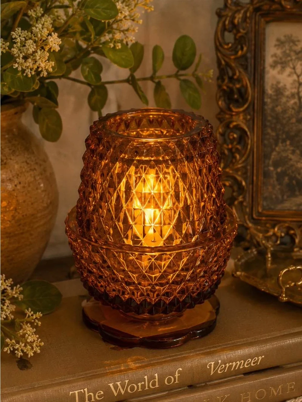 Vintage Indiana Glass Amber Fairy Lamp / Tea Light Holder